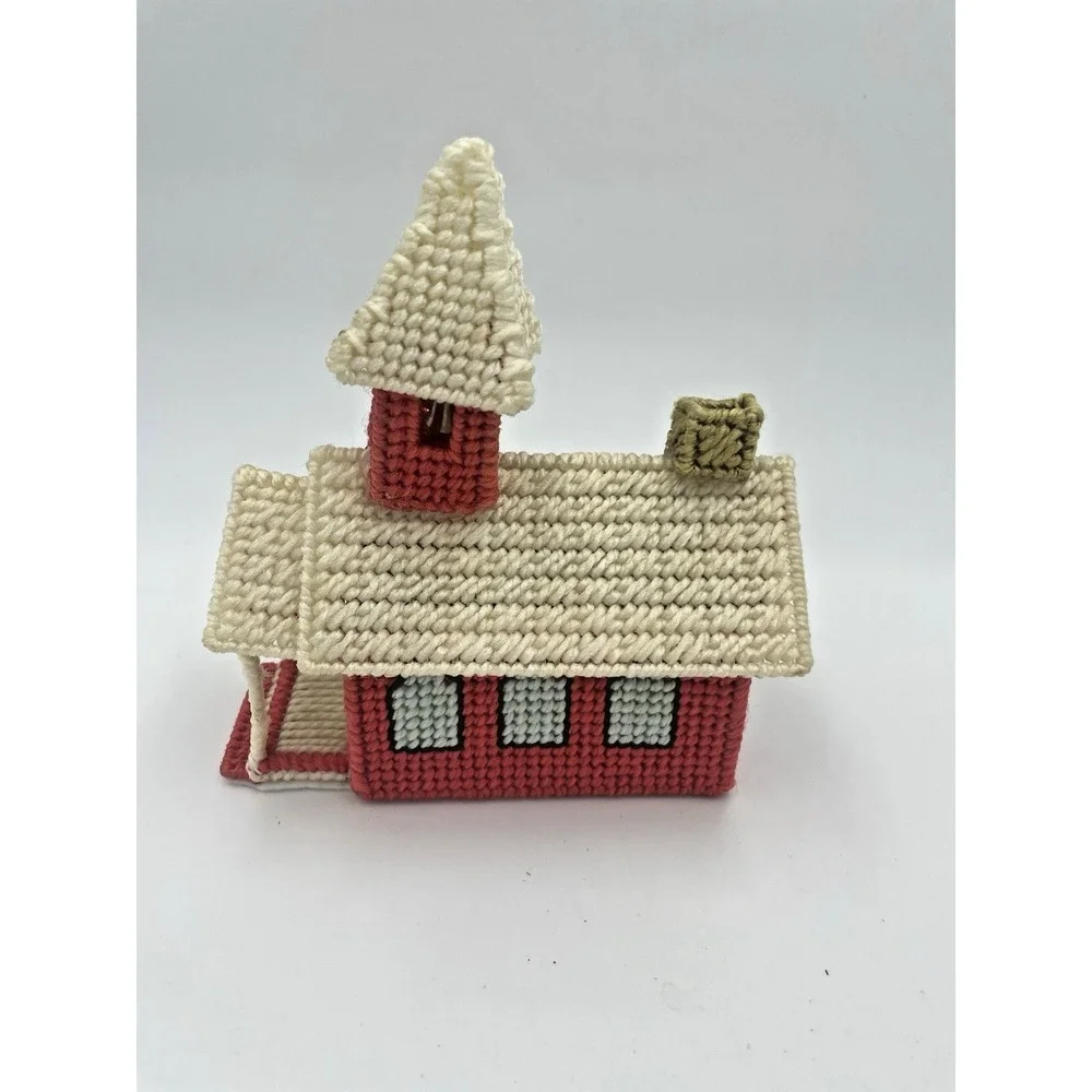 Vtg 70s Handmade Yarn Needlepoint Completed‎ School House Candy Plastic Canvas